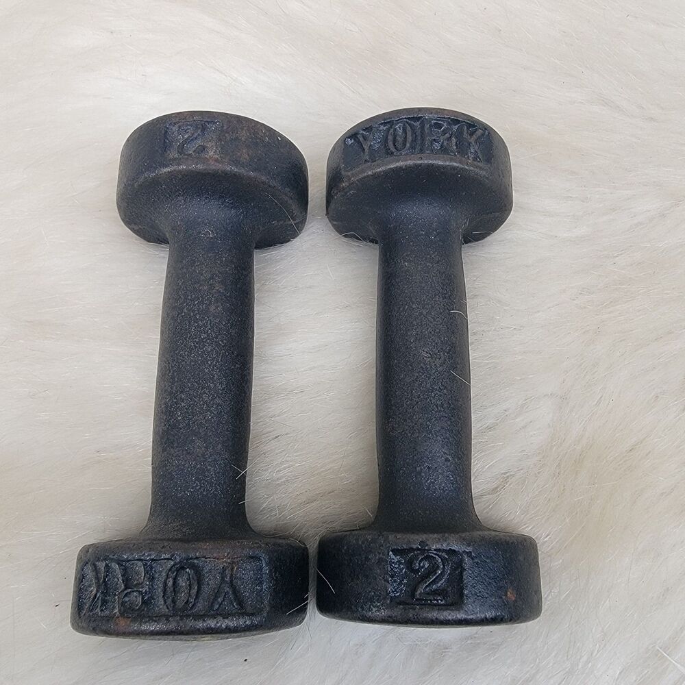 Pair Of Vintage York 2 lb Pound Weights Barbell Set Dumbbell Cast Iron Barbells
